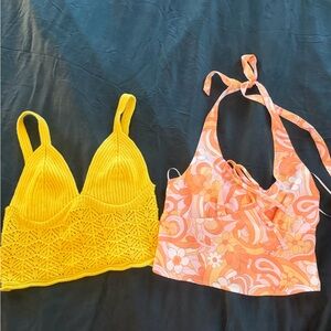 Yellow Knit Bralette and Orange Floral Halter Top bundle